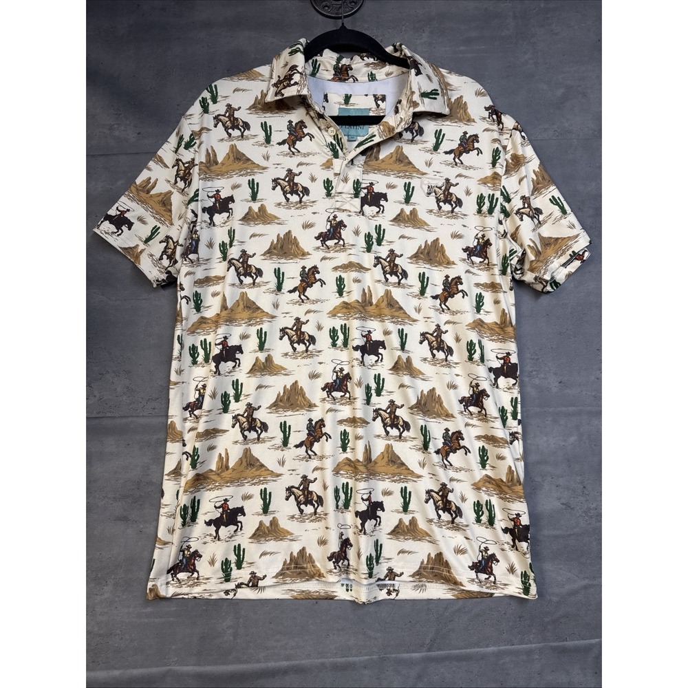 Platini Men's Modern Fit Stretch Cactus Print Polo Desert , Cowboy , Cactus Med